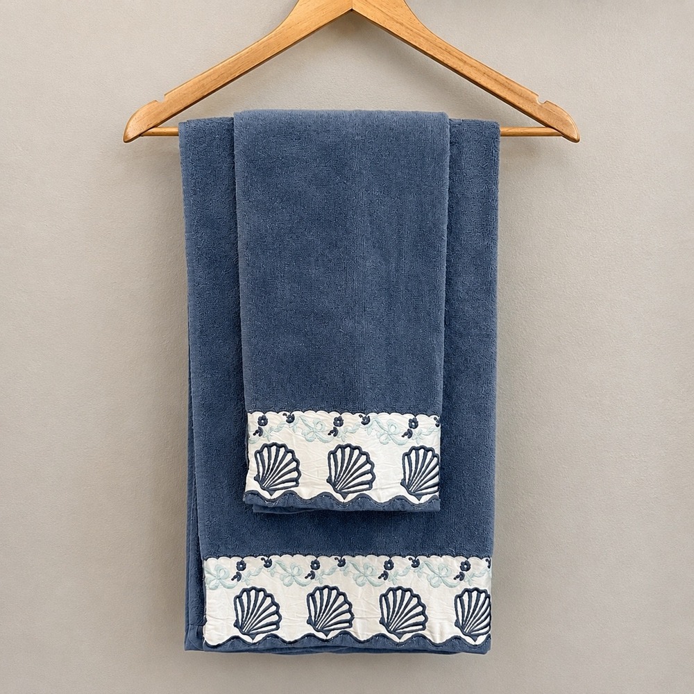Vintage J Labouchar Blue Seashell Embroidered Towel Set Bath Hand Made in USA